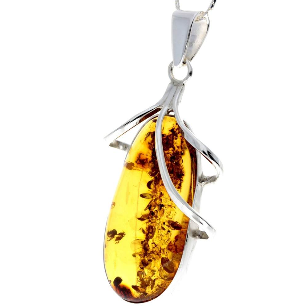 925 Sterling Silver & Genuine Cognac Baltic Amber Exlusive Unique Pendant - PD2163
