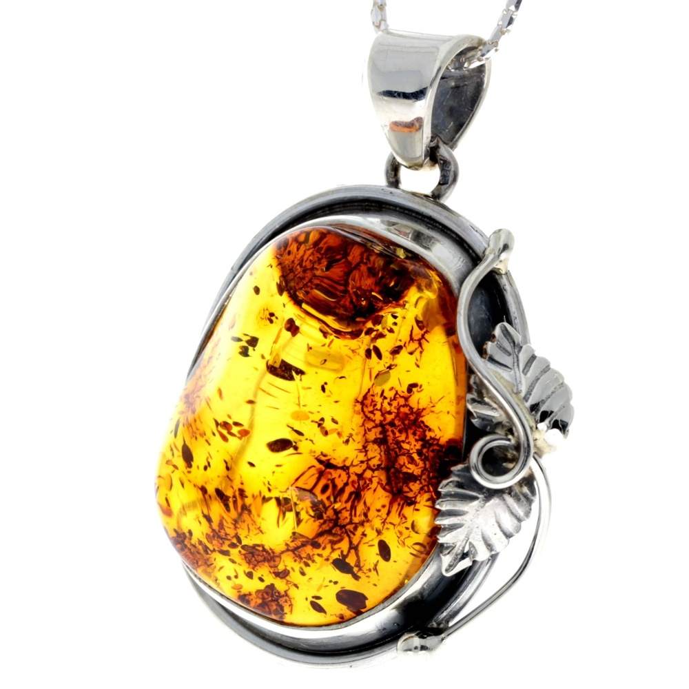 925 Sterling Silver & Genuine Cognac Baltic Amber Exlusive Unique Pendant - PD2216