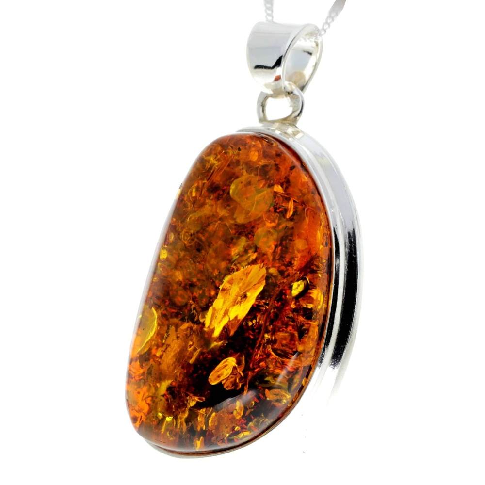925 Sterling Silver & Genuine Cognac Baltic Amber Exlusive Unique Pendant - PD2236