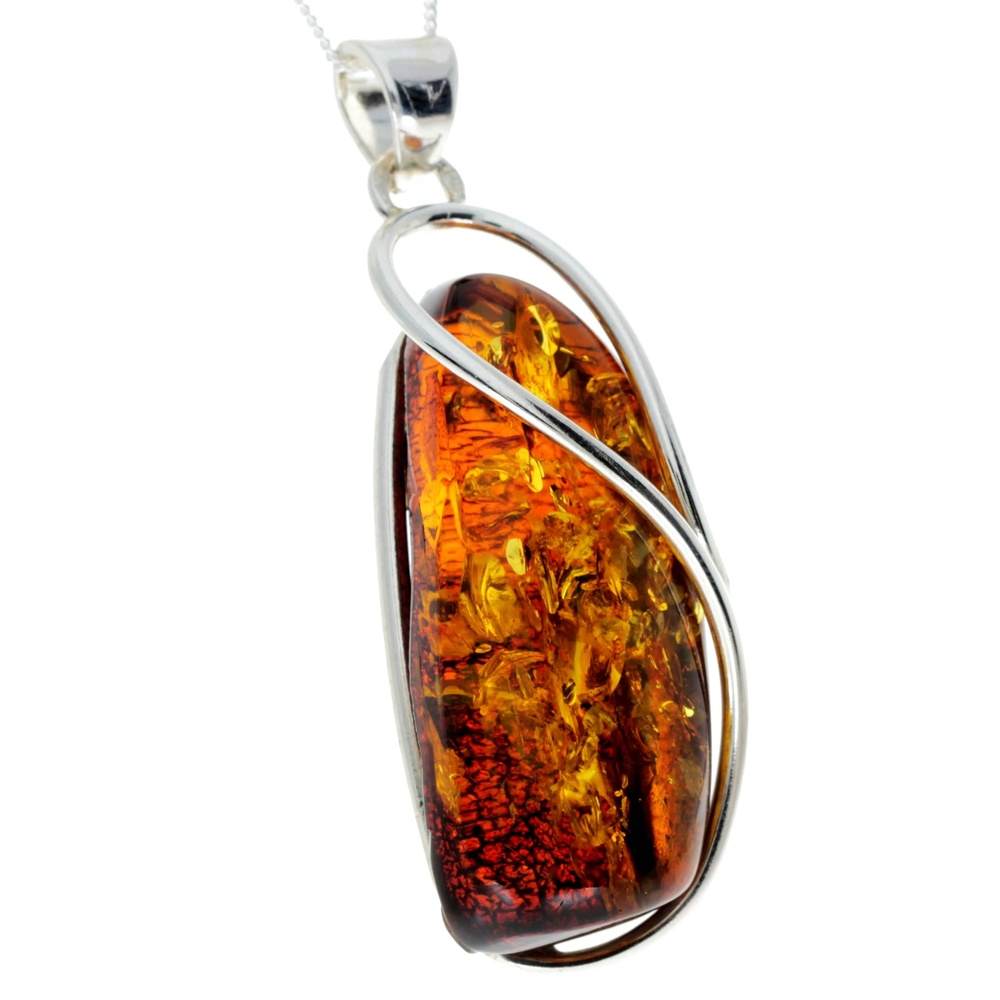 925 Sterling Silver & Genuine Cognac Baltic Amber Exlusive Unique Pendant - PD2264