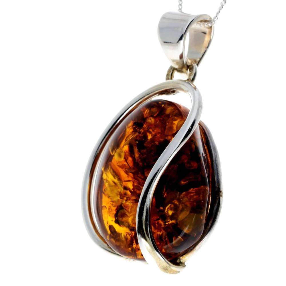 925 Sterling Silver & Genuine Cognac Baltic Amber Exlusive Unique Pendant - PD2265