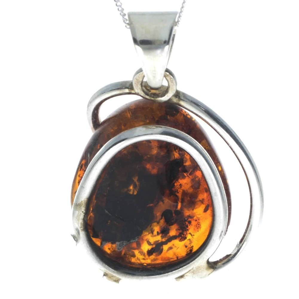 925 Sterling Silver & Genuine Cognac Baltic Amber Exlusive Unique Pendant - PD2265