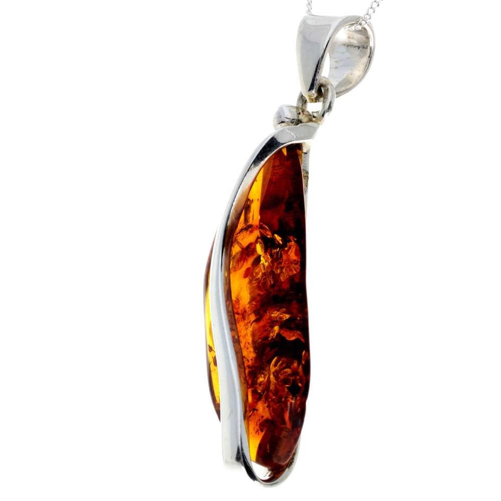 925 Sterling Silver & Genuine Cognac Baltic Amber Exlusive Unique Pendant - PD2293