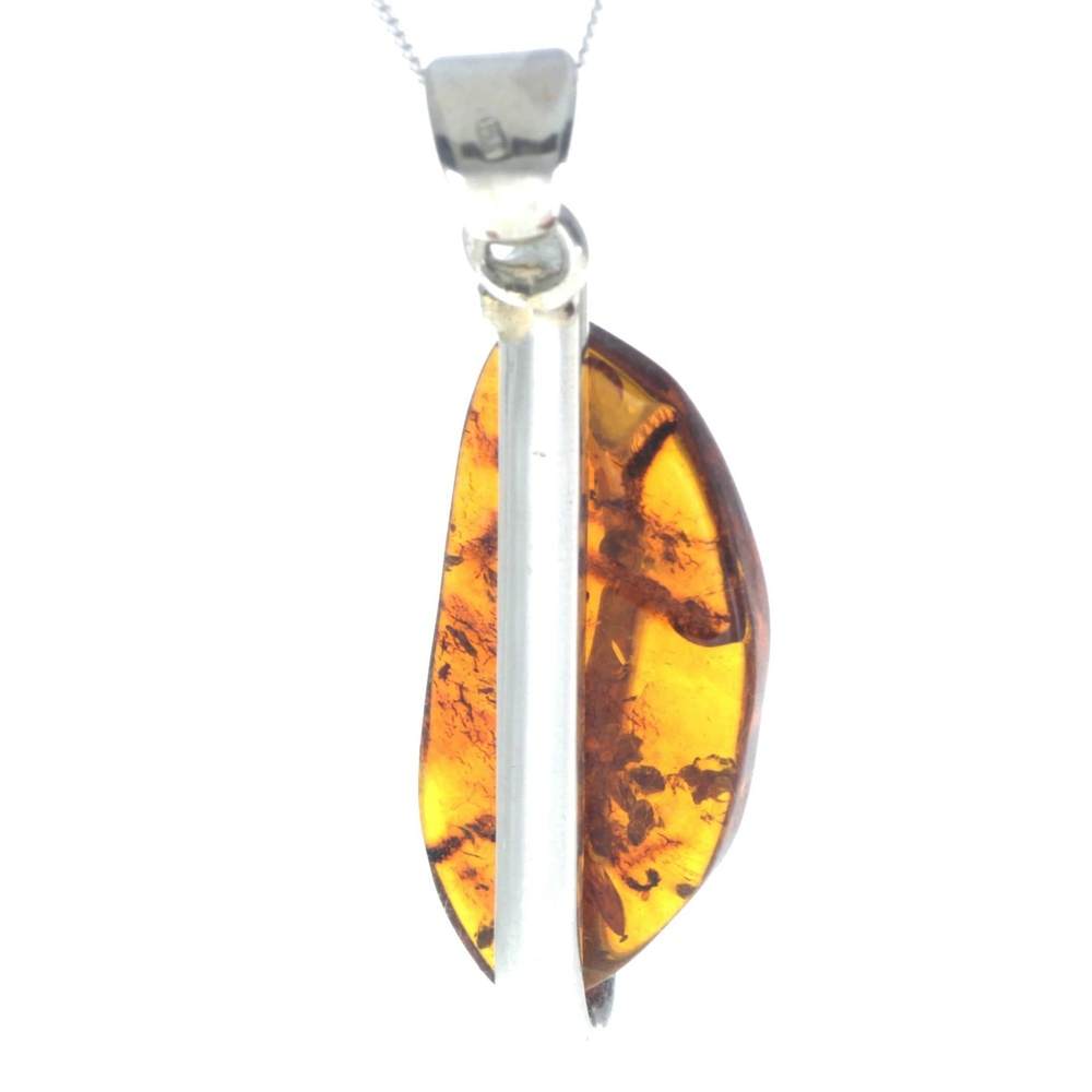 925 Sterling Silver & Genuine Cognac Baltic Amber Exlusive Unique Pendant - PD2293