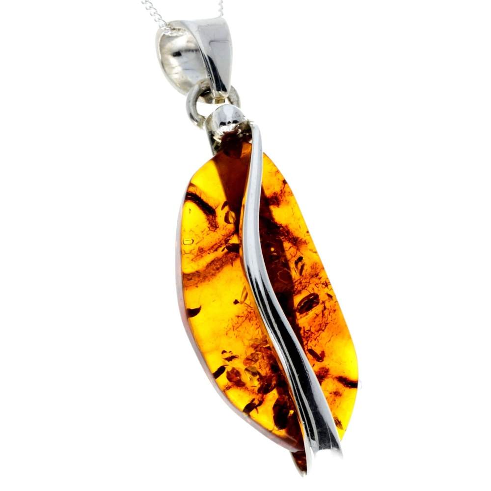 925 Sterling Silver & Genuine Cognac Baltic Amber Exlusive Unique Pendant - PD2293