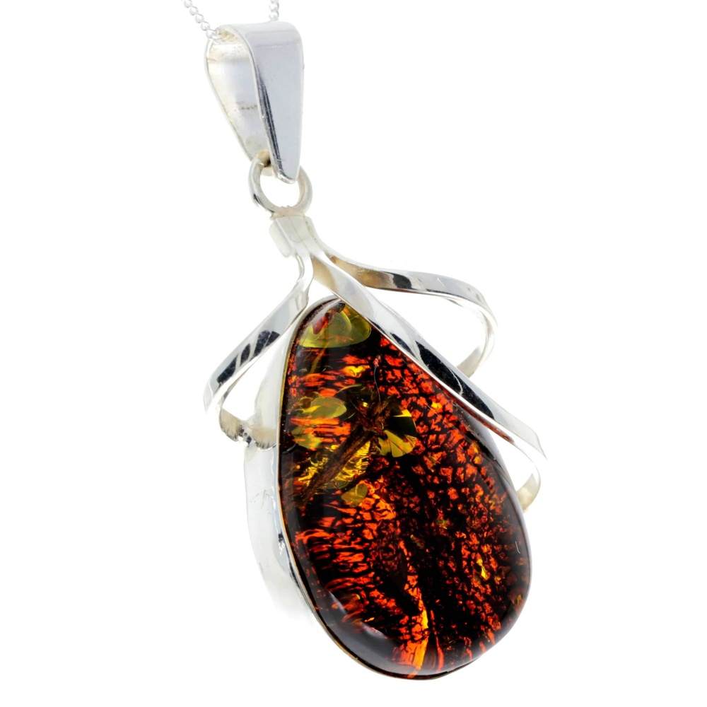 925 Sterling Silver & Genuine Green Baltic Amber Exlusive Unique Pendant - PD2303