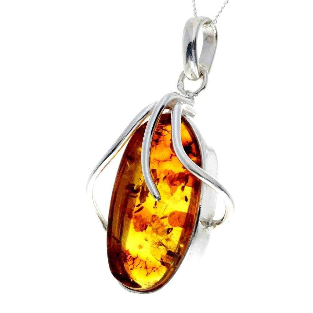 925 Sterling Silver & Genuine Cognac Baltic Amber Exlusive Unique Pendant - PD2309