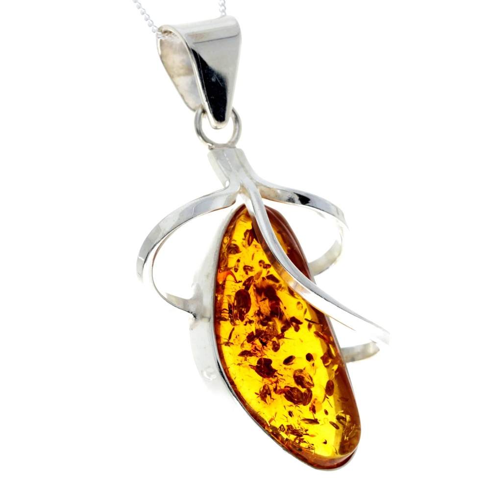 925 Sterling Silver & Genuine Cognac Baltic Amber Exlusive Unique Pendant - PD2310