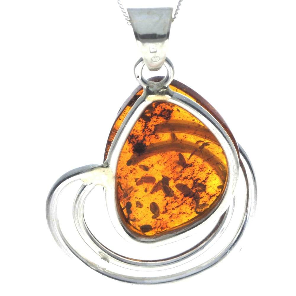 925 Sterling Silver & Genuine Cognac Baltic Amber Exlusive Unique Pendant - PD2319