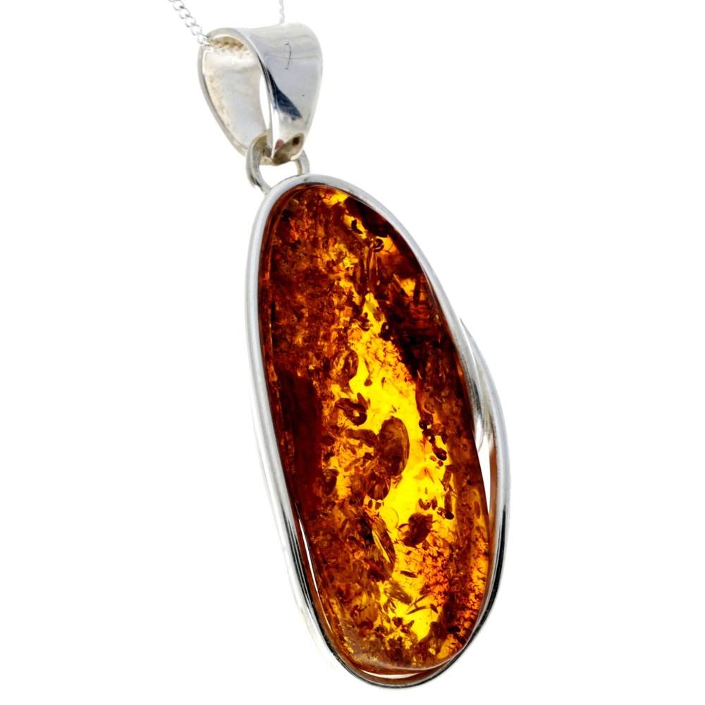 925 Sterling Silver & Genuine Cognac Baltic Amber Exlusive Unique Pendant - PD2341