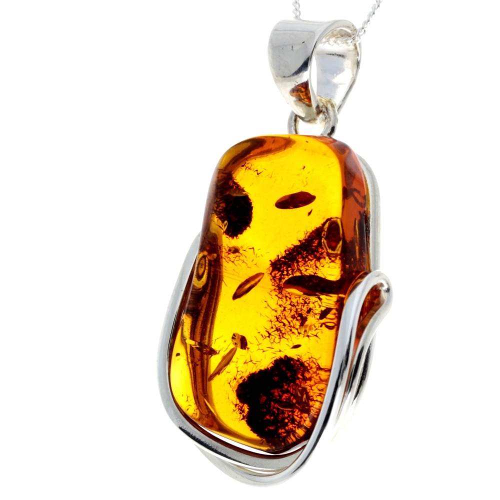 925 Sterling Silver & Genuine Cognac Baltic Amber Exlusive Unique Pendant - PD2343
