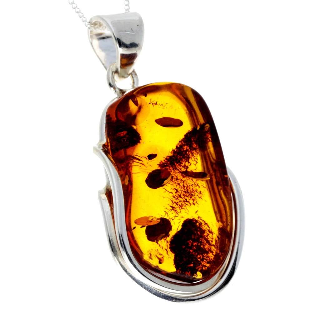 925 Sterling Silver & Genuine Cognac Baltic Amber Exlusive Unique Pendant - PD2343
