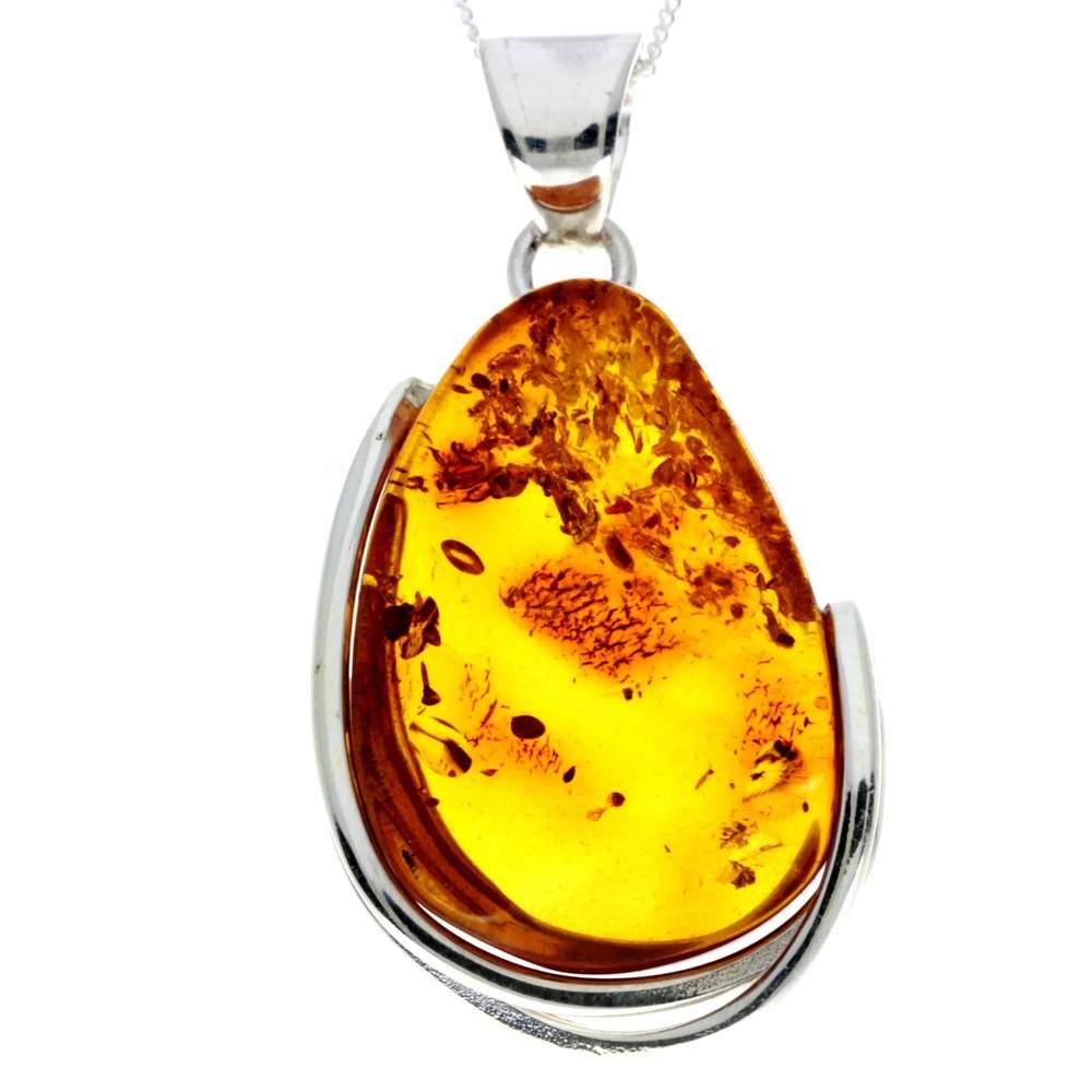 925 Sterling Silver & Genuine Cognac Baltic Amber Exlusive Unique Pendant - PD2344