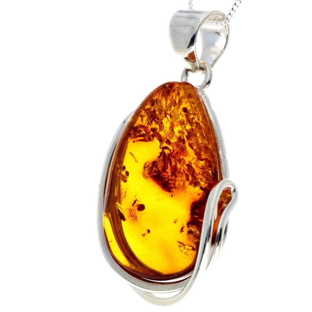 925 Sterling Silver & Genuine Cognac Baltic Amber Exlusive Unique Pendant - PD2344