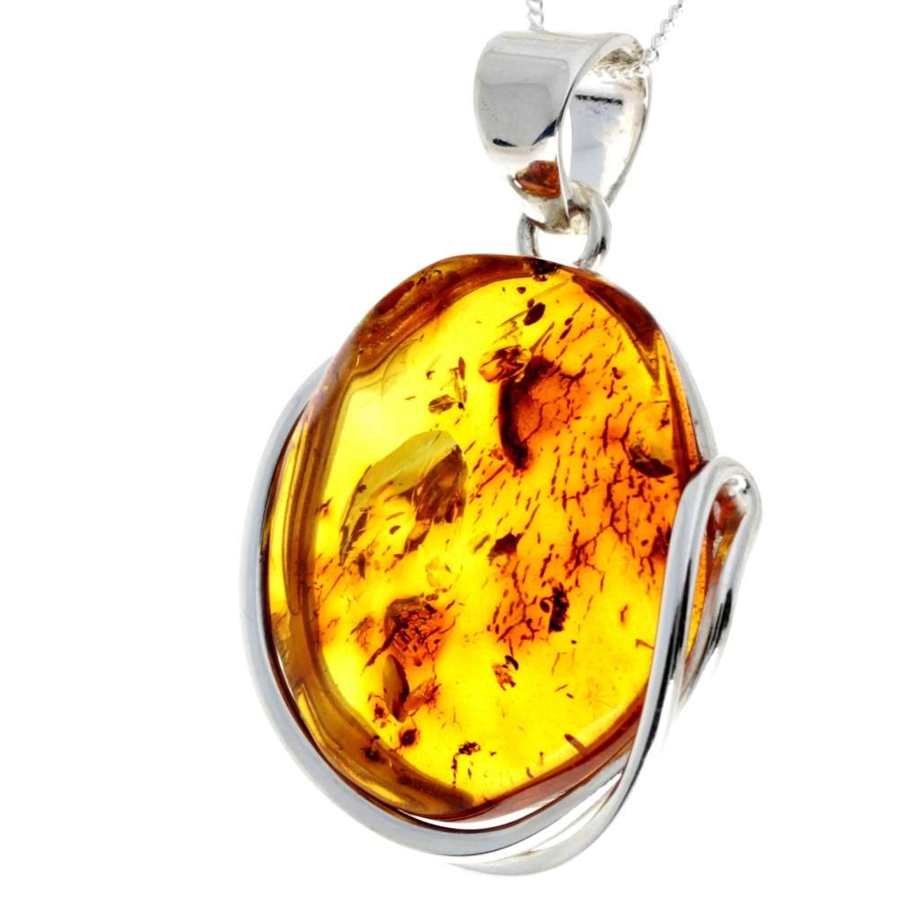 925 Sterling Silver & Genuine Cognac Baltic Amber Exlusive Unique Pendant - PD2345