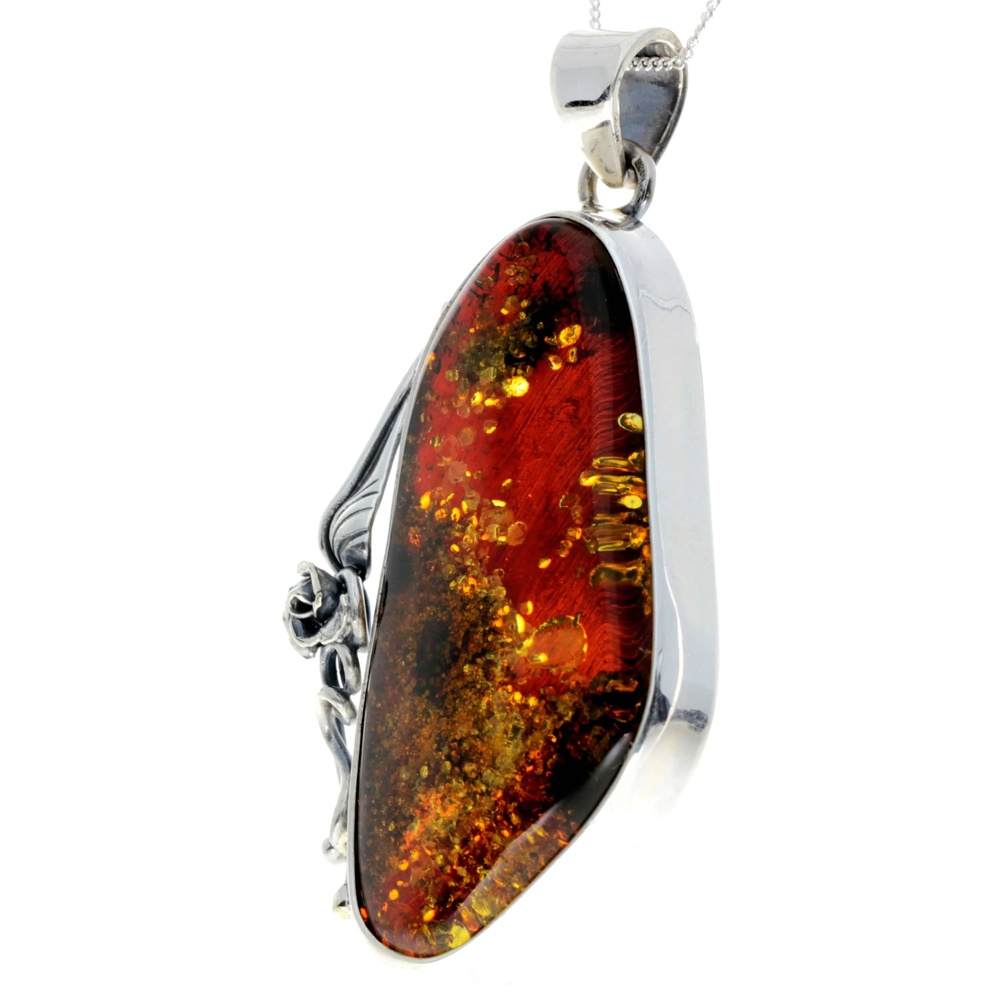 925 Sterling Silver & Genuine Green Baltic Amber Exlusive Unique Pendant - PD2375