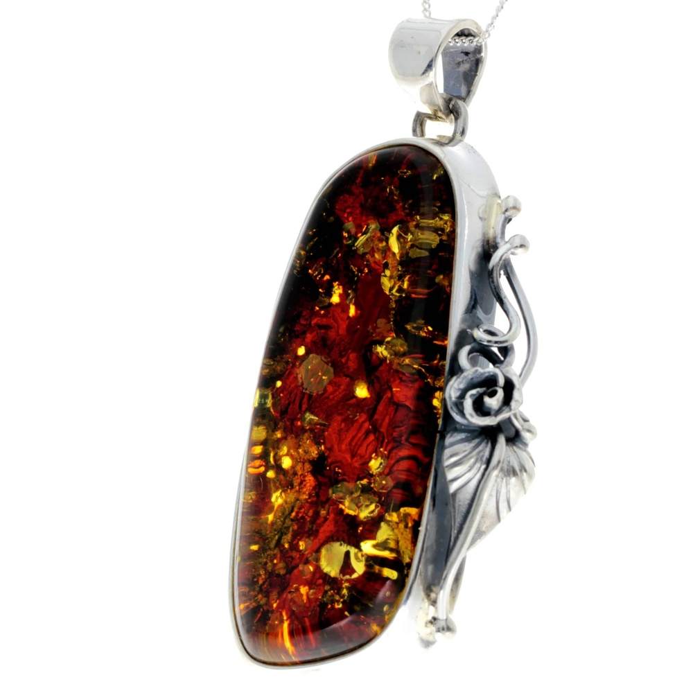 925 Sterling Silver & Genuine Green Baltic Amber Exlusive Unique Pendant - PD2376