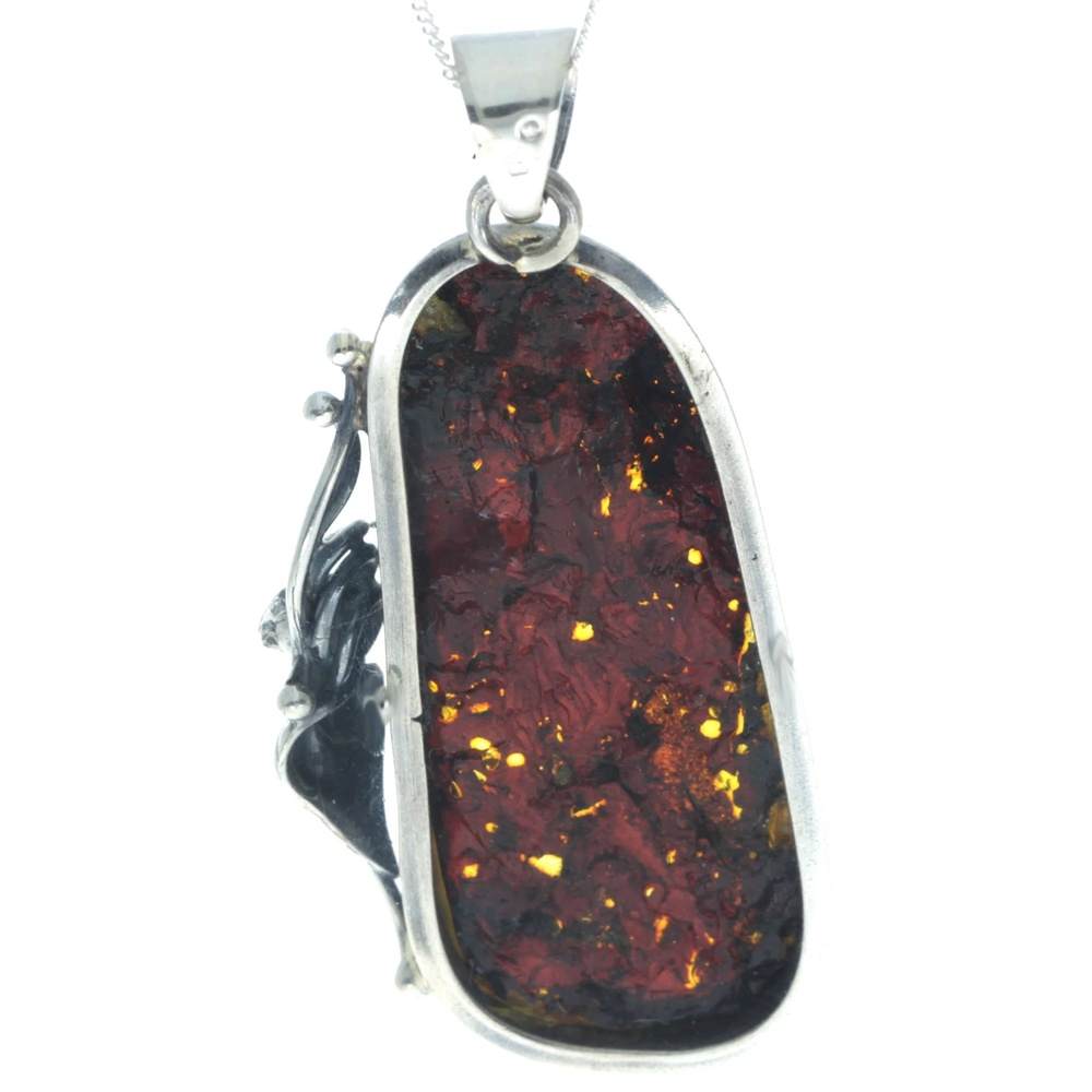 925 Sterling Silver & Genuine Green Baltic Amber Exlusive Unique Pendant - PD2376