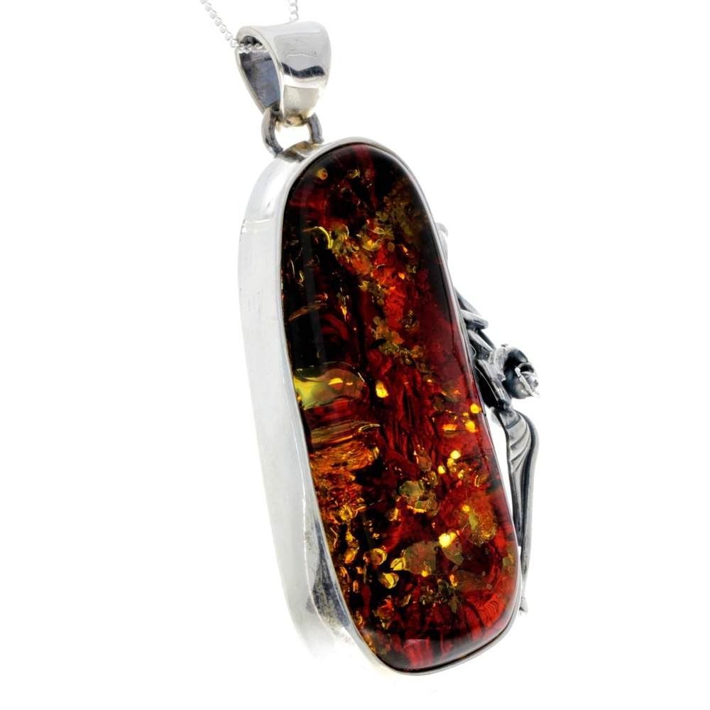 925 Sterling Silver & Genuine Green Baltic Amber Exlusive Unique Pendant - PD2376