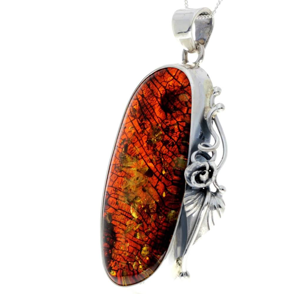 925 Sterling Silver & Genuine Green Baltic Amber Exlusive Unique Pendant - PD2377