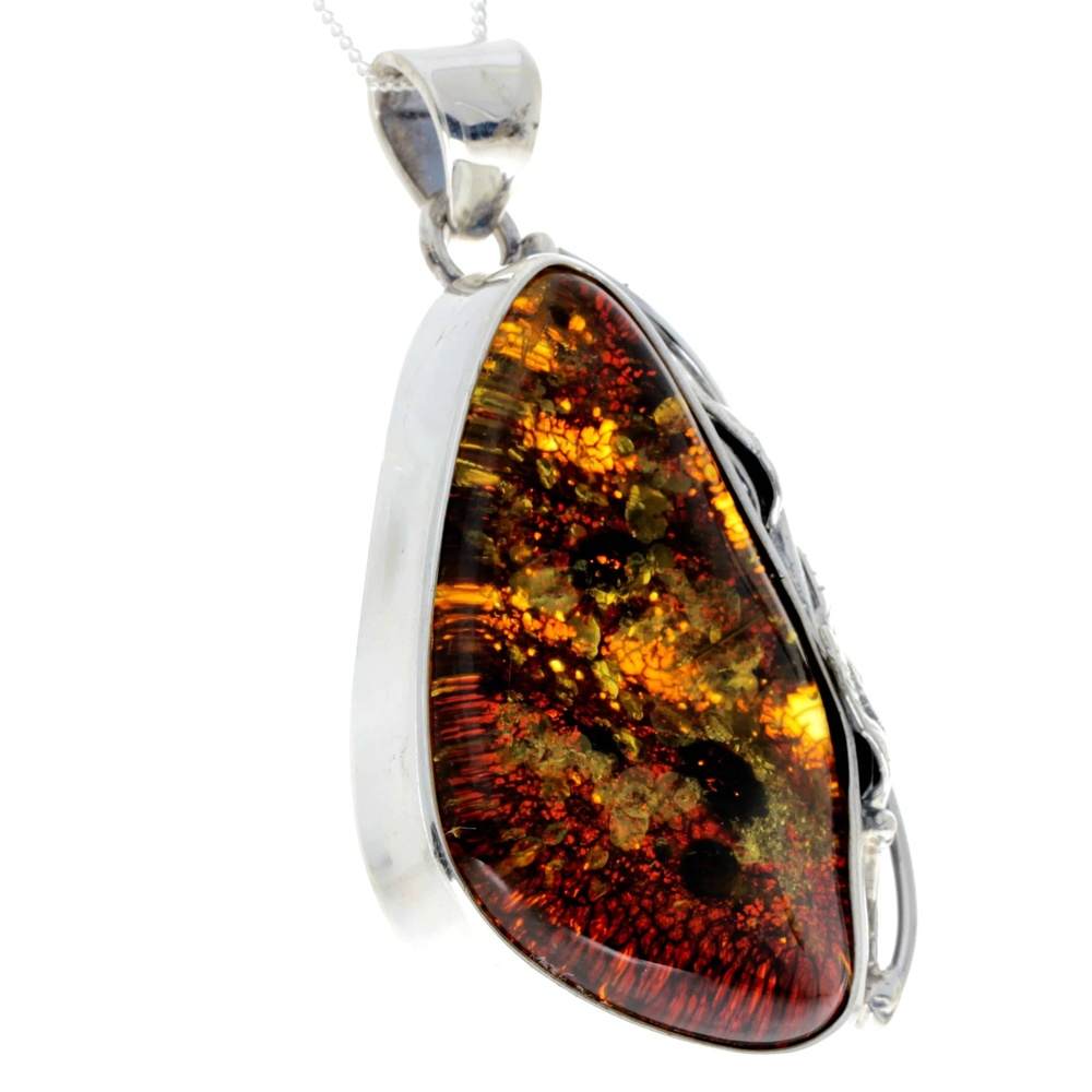 925 Sterling Silver & Genuine Green Baltic Amber Exlusive Unique Pendant - PD2379