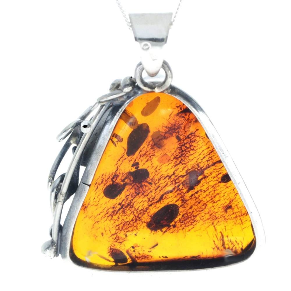 925 Sterling Silver & Genuine Cognac Baltic Amber Exlusive Unique Pendant - PD2393