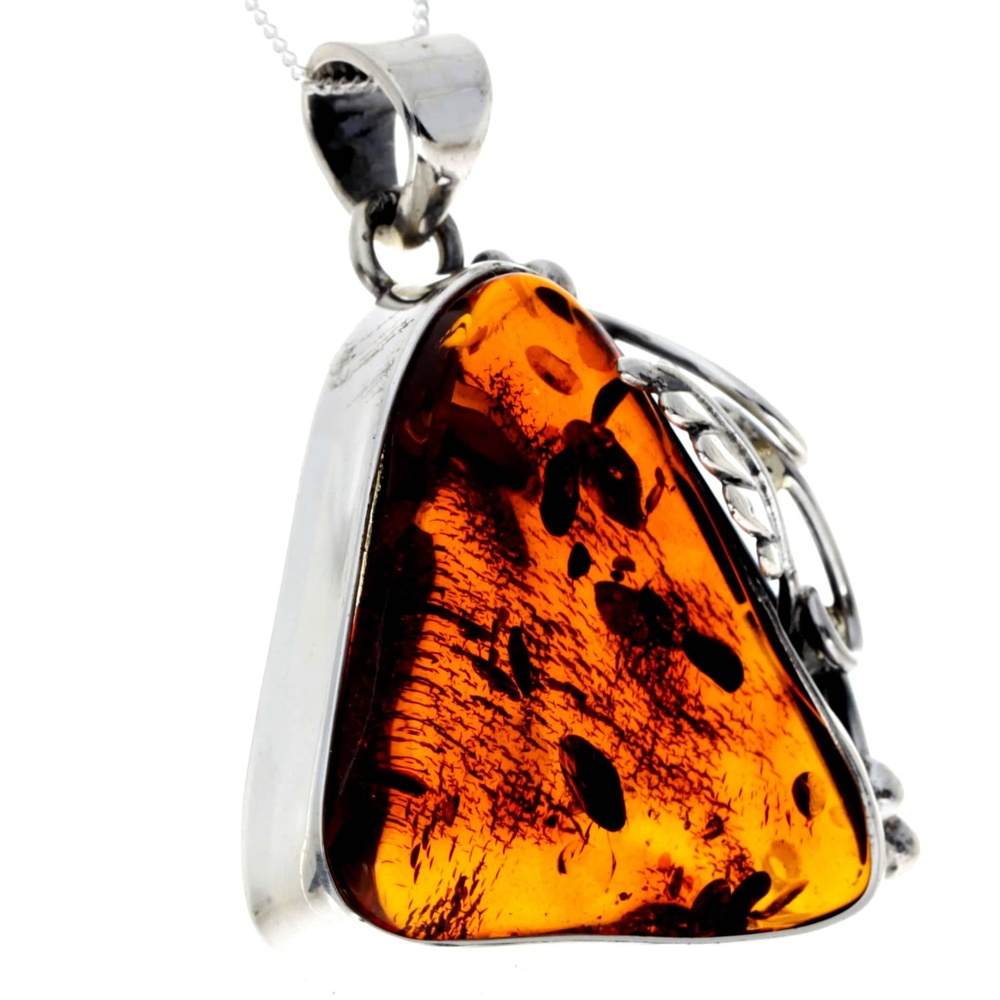 925 Sterling Silver & Genuine Cognac Baltic Amber Exlusive Unique Pendant - PD2393