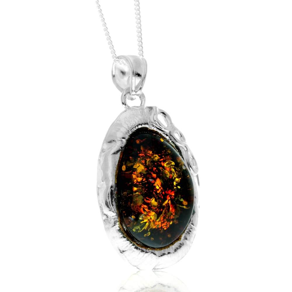 925 Sterling Silver & Genuine Green Baltic Amber Exlusive Unique Pendant - PD2406