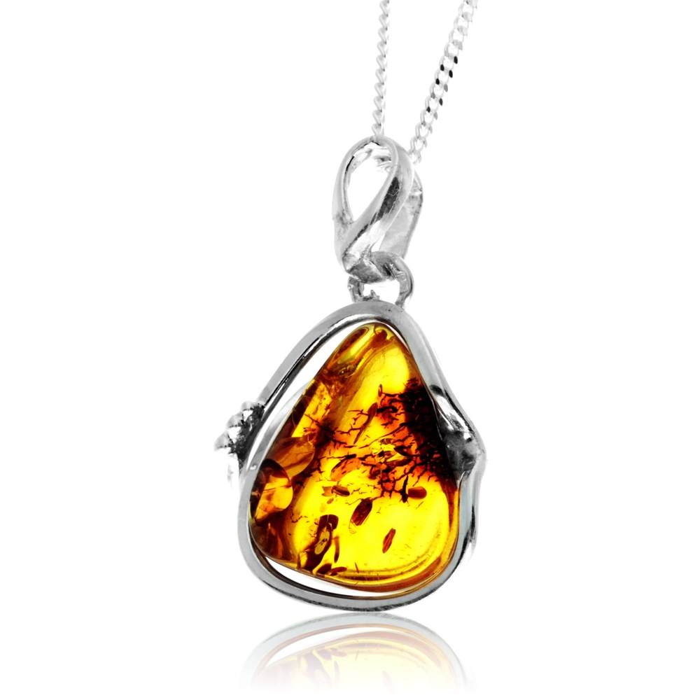 925 Sterling Silver & Genuine Cognac Baltic Amber Exlusive Unique Pendant - PD2418
