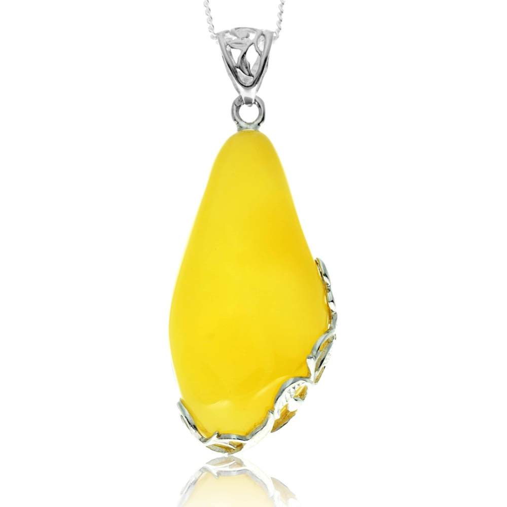 925 Sterling Silver & Genuine Lemon Baltic Amber Exlusive Unique Pendant - PD2425
