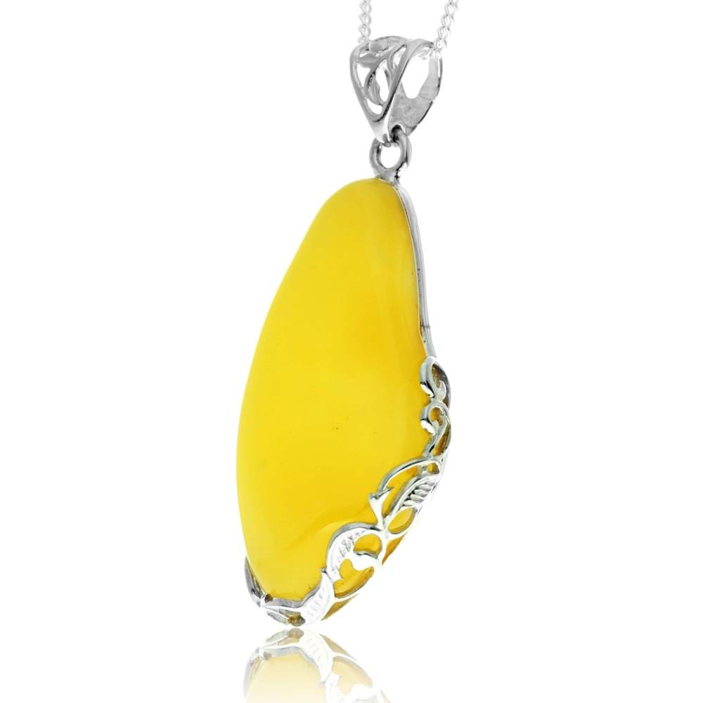 925 Sterling Silver & Genuine Lemon Baltic Amber Exlusive Unique Pendant - PD2425