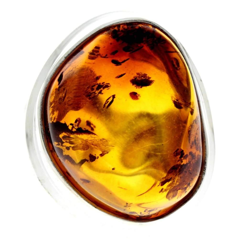 925 Sterling Silver & Genuine Cognac Baltic Amber Unique Ring - RG0682