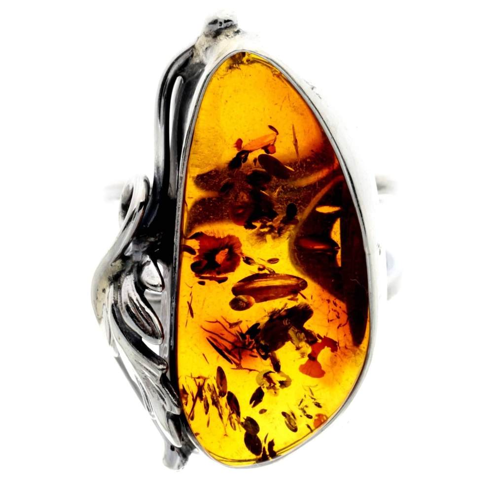 925 Sterling Silver & Genuine Cognac Baltic Amber Unique Ring - RG0738