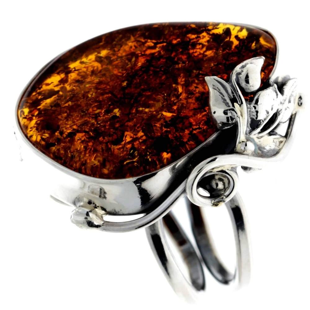 925 Sterling Silver & Genuine Cognac Baltic Amber Unique Ring - RG0742