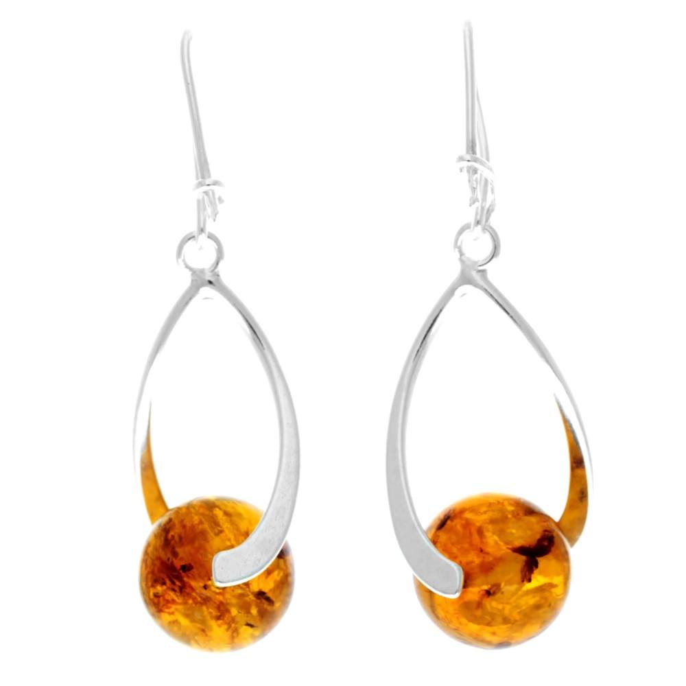 925 Sterling Silver & Genuine Baltic Amber Elegant Drop Dangling Earrings - TBE1