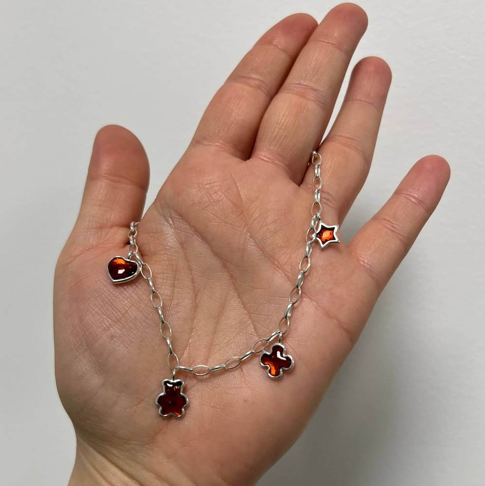 925 Sterling Silver & Genuine Baltic Amber Chain Charms Link Bracelet - AA506