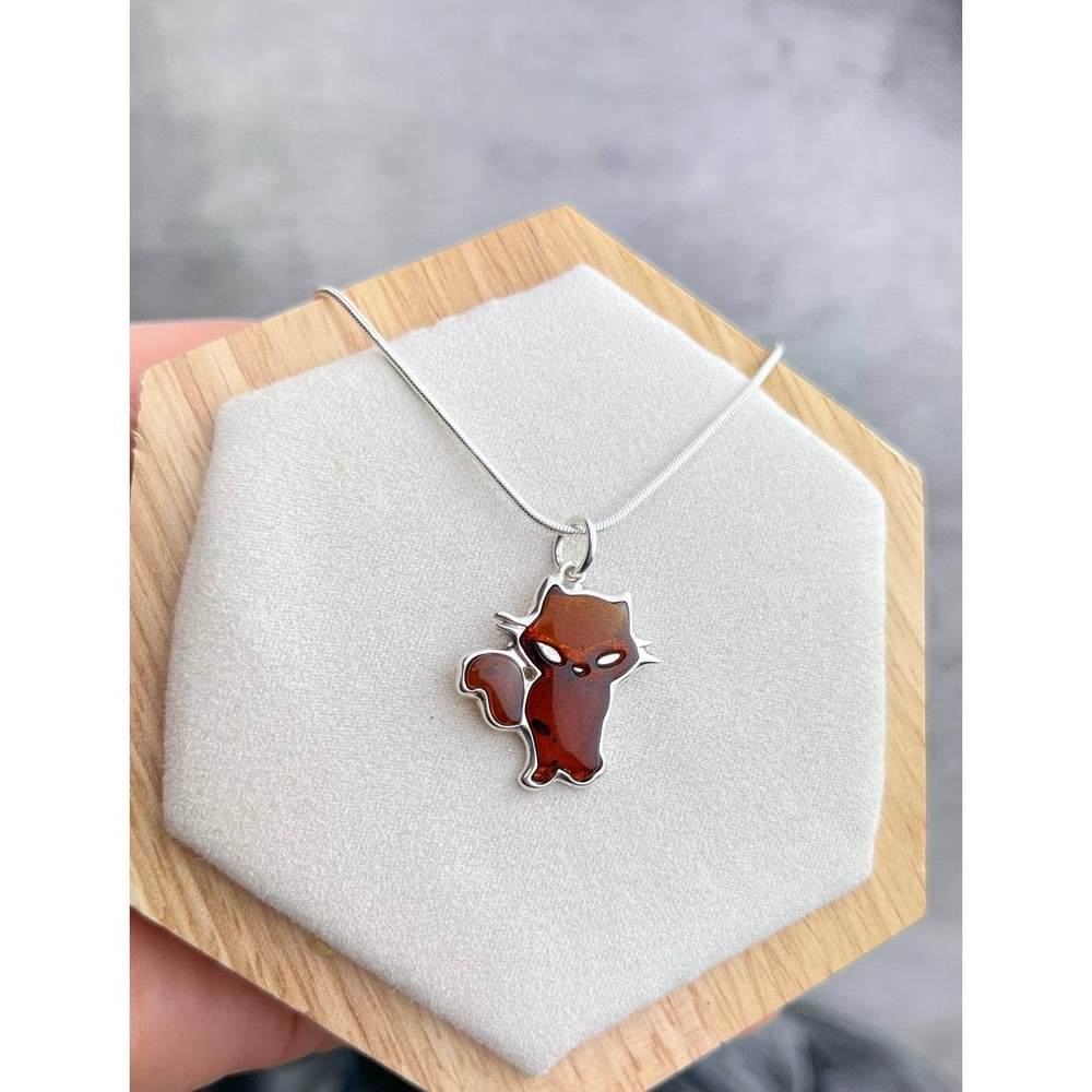 925 Sterling Silver & Genuine Baltic Amber Classic Cat Pendant AD213B
