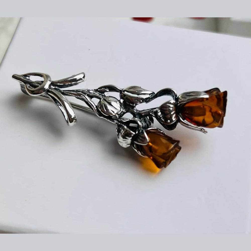 925 Sterling Silver & Baltic Amber 2 Roses Brooch - BR2