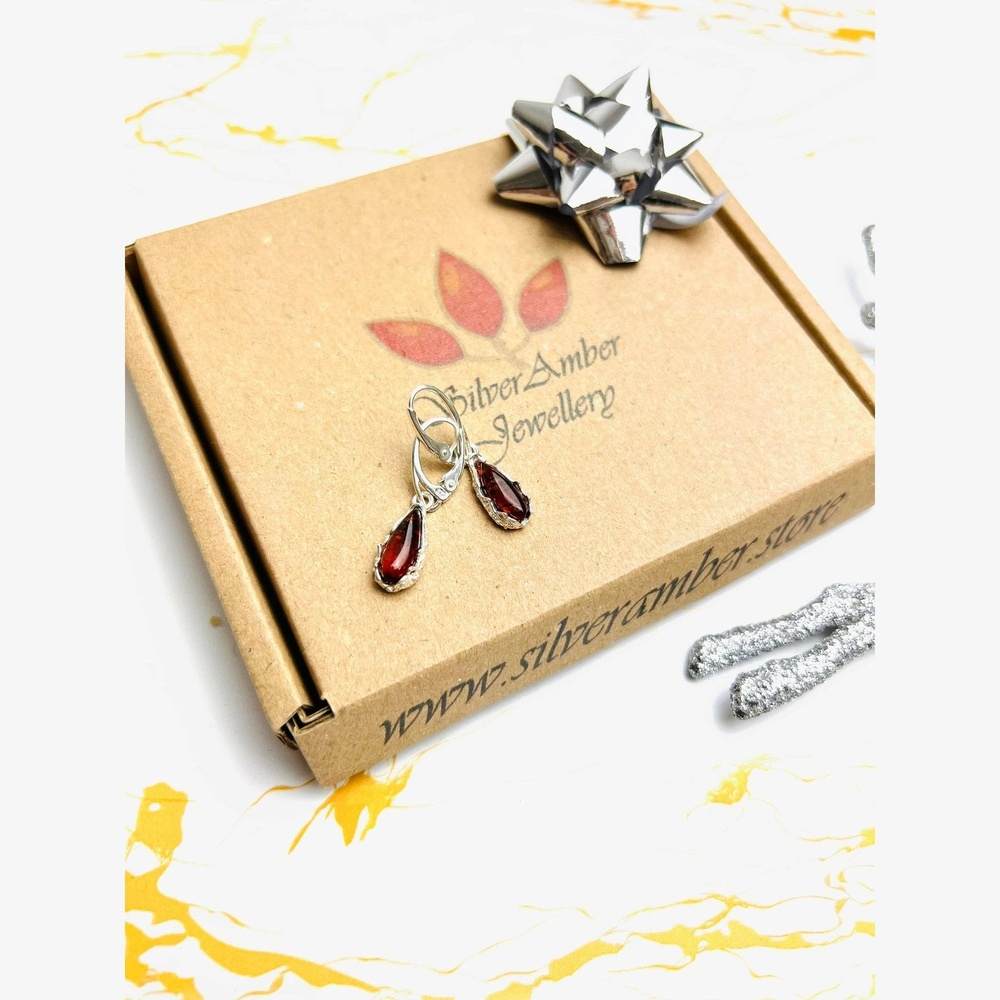 925 Sterling Silver & Baltic Amber Modern Teardrop Drop / Dangle Earrings - G028