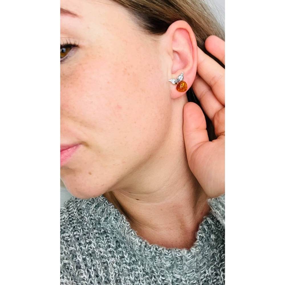 925 Sterling Silver & Genuine Baltic Amber Leafs Studs Earrings - GL080