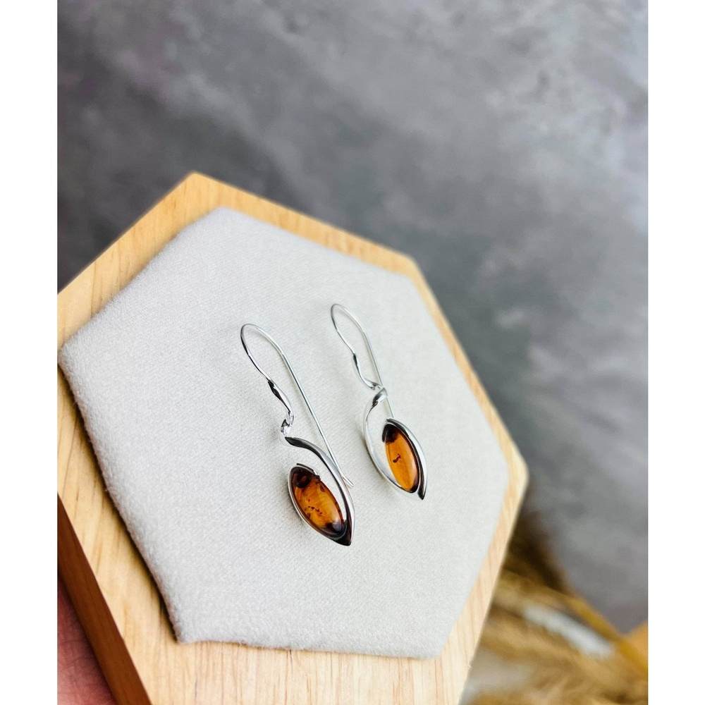 925 Sterling Silver & Genuine Baltic Amber Swirl Drop Modern Earrings - GL1022