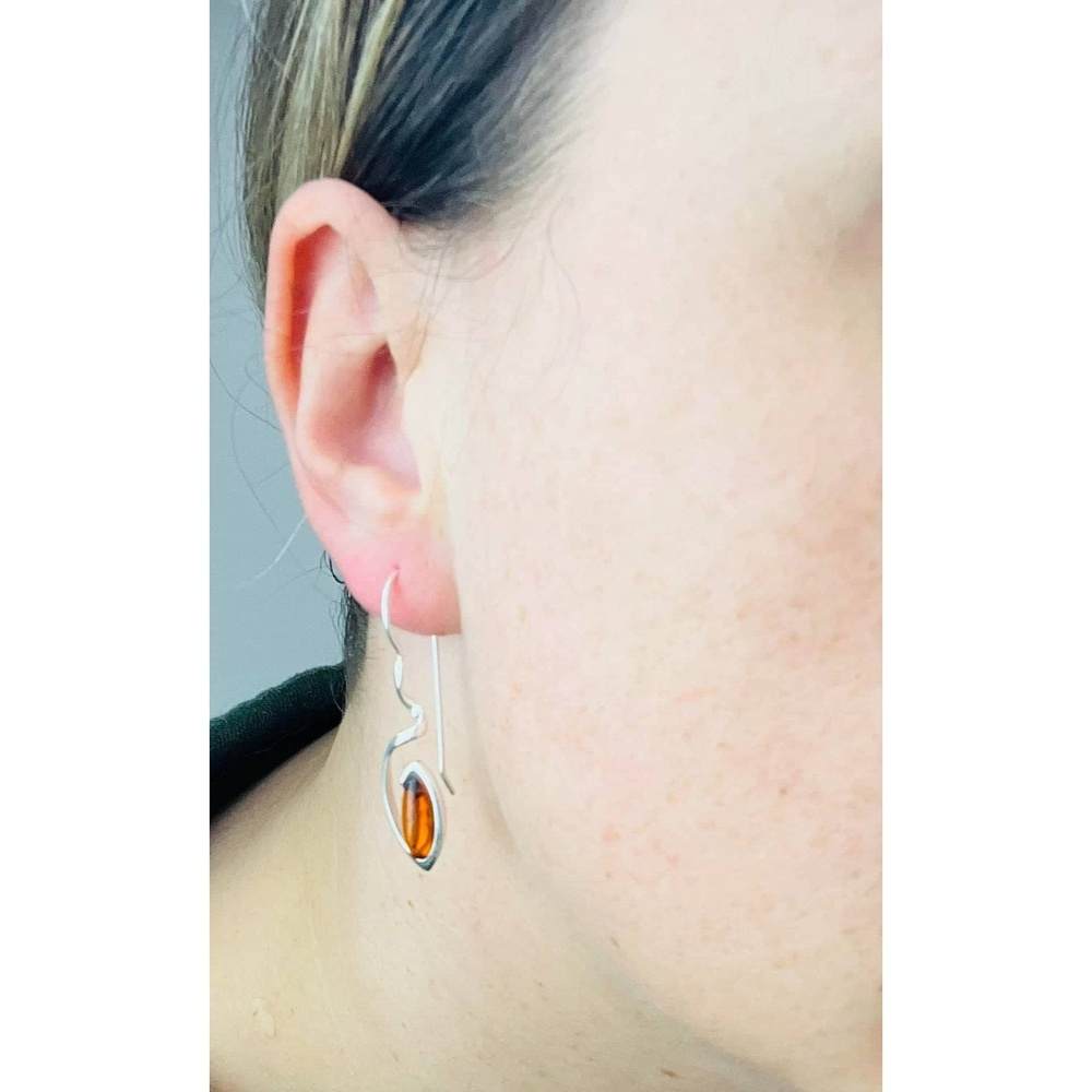 925 Sterling Silver & Genuine Baltic Amber Swirl Drop Modern Earrings - GL1022