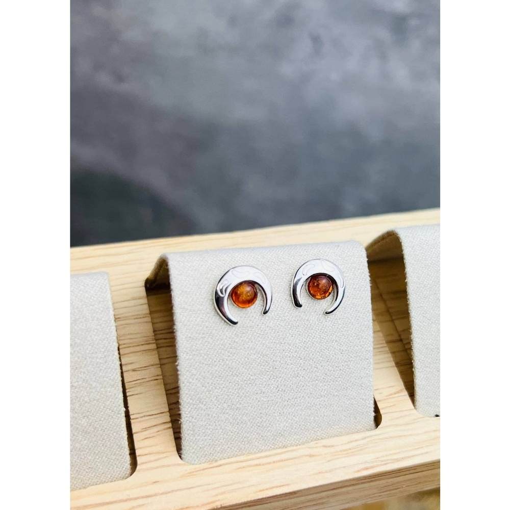 925 Sterling Silver & Genuine Baltic Amber Classic Half Moon Studs Earrings - GL1023