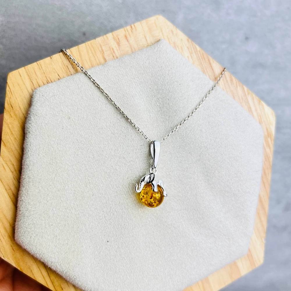 925 Sterling Silver Lucky Elephant sitting on Amber Ball - GL354