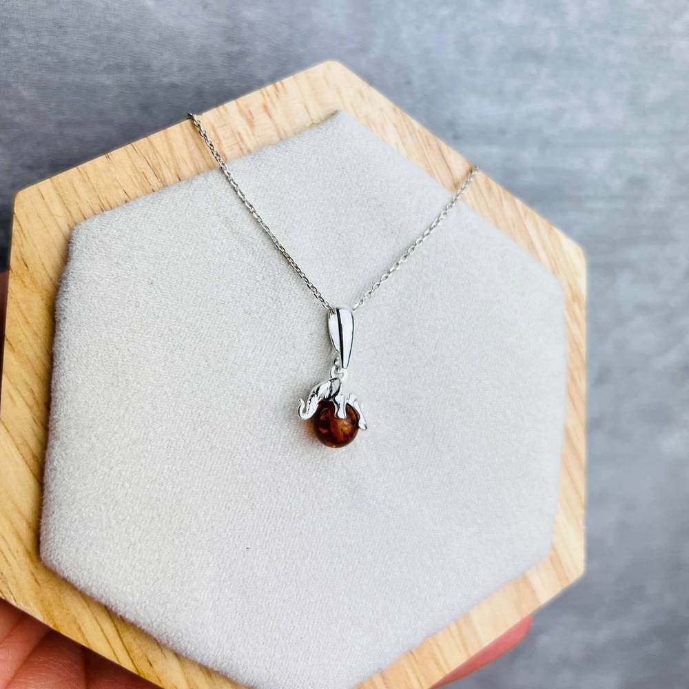 925 Sterling Silver Lucky Elephant sitting on Amber Ball - GL354