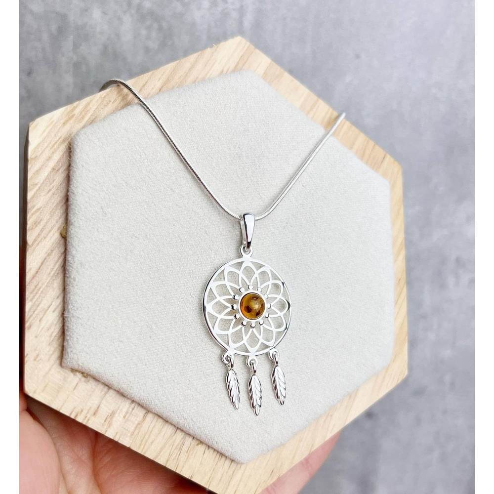 925 Sterling Silver & Baltic Amber Dream Catcher Pendant - GL2005