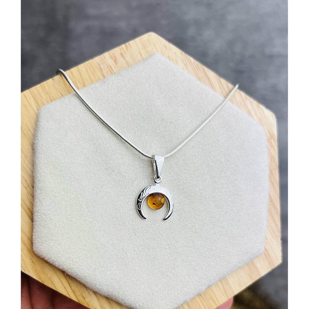 925 Sterling Silver & Genuine Baltic Amber Half Moon Modern Pendant - GL2044