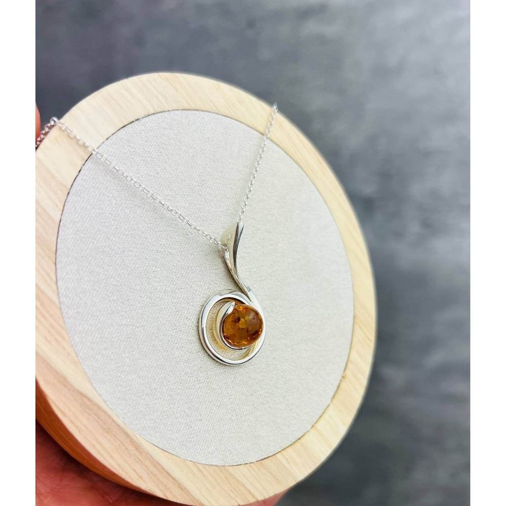925 Sterling Silver & Genuine Baltic Amber Modern Drop Pendant GL223
