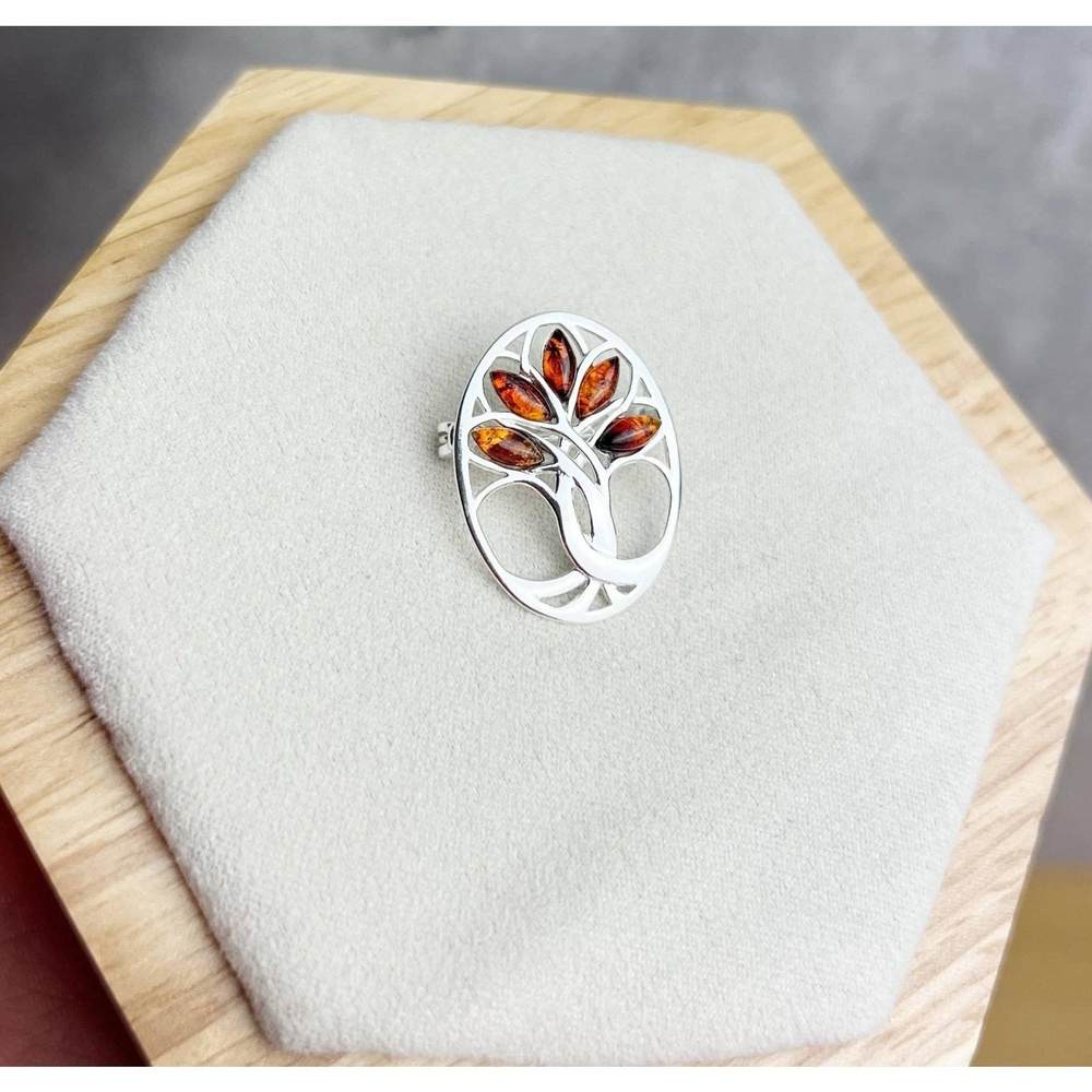 925 Sterling Silver & Genuine Baltic Amber Tree of Life Brooch - GL824