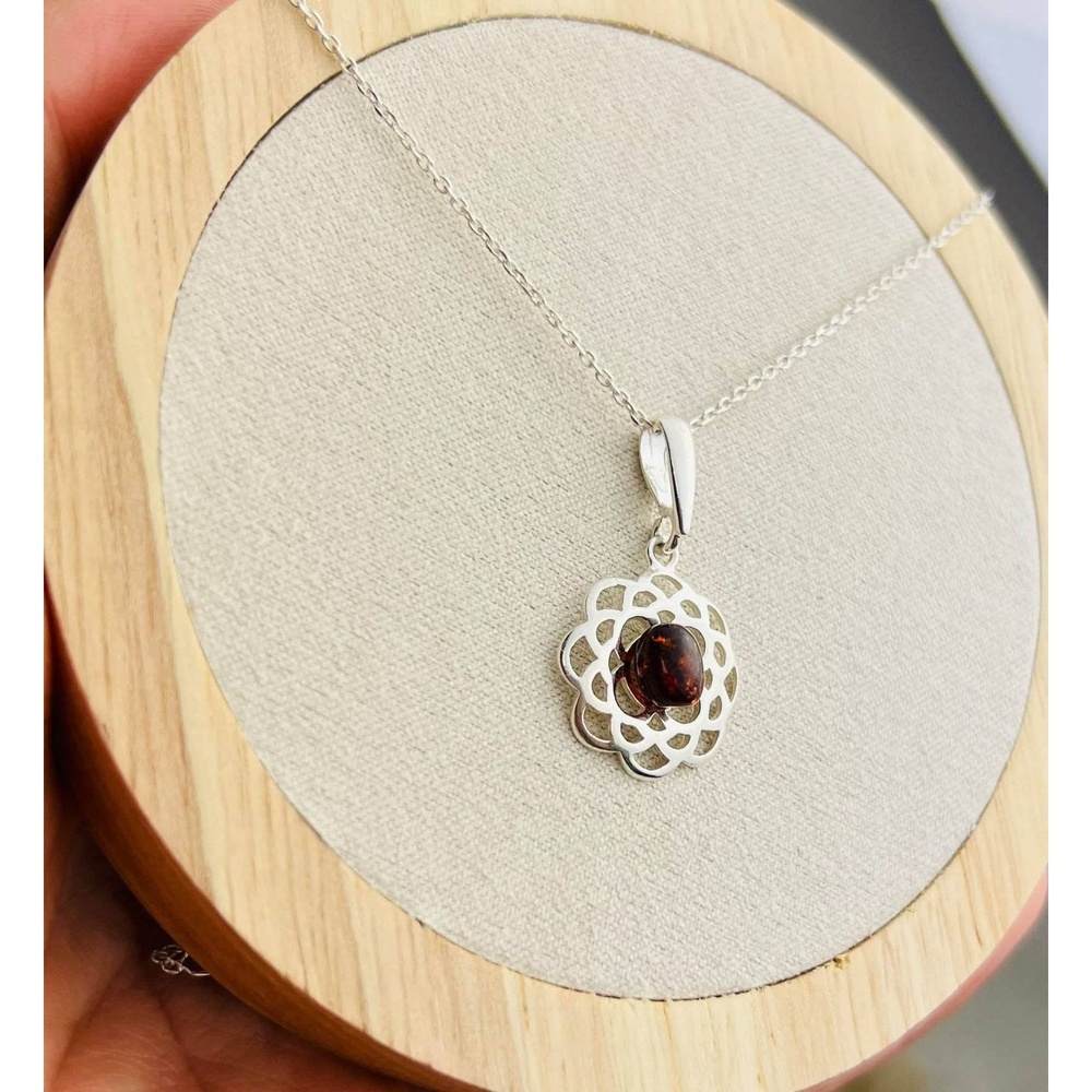 925 Sterling Silver & Genuine Baltic Amber Modern Flower Pendant -GL370